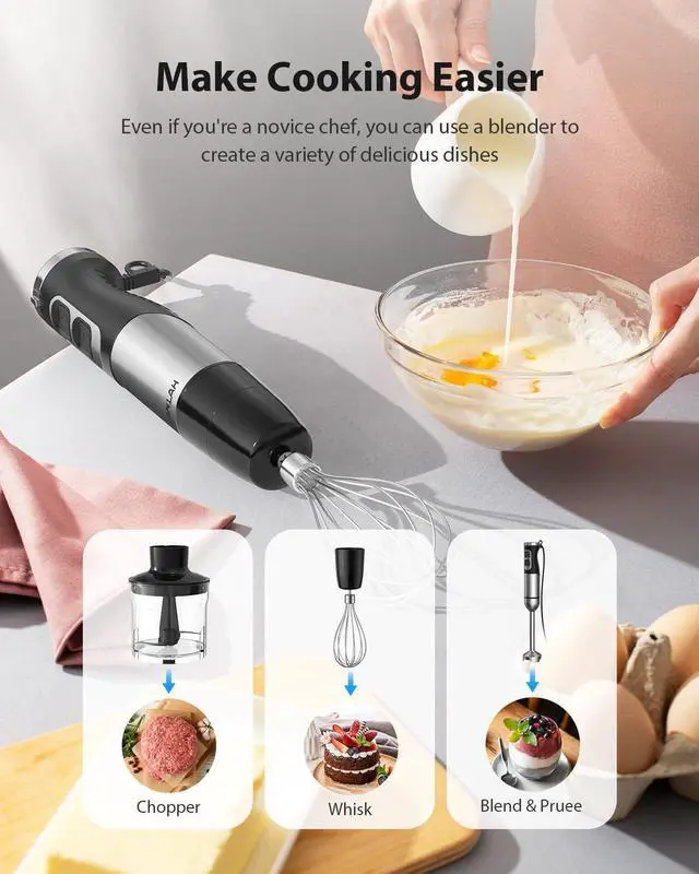 Alt view image 4 of 7 - 1000W Powerful Immersion Blender Handheld, 2025 New Update Hand Blender with 25-Speed and Heavy-Duty Copper Motor, 4 in 1 Hand Mixer with Chopper, Whisk, Beaker and Wand Silver