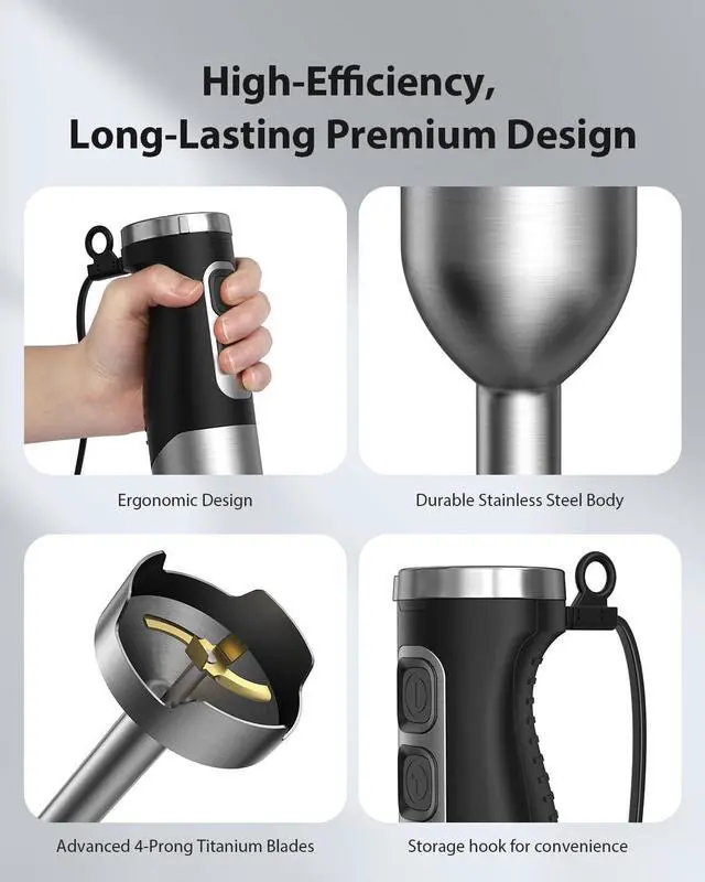 Alt view image 7 of 7 - 1000W Powerful Immersion Blender Handheld, 2025 New Update Hand Blender with 25-Speed and Heavy-Duty Copper Motor, 4 in 1 Hand Mixer with Chopper, Whisk, Beaker and Wand Silver