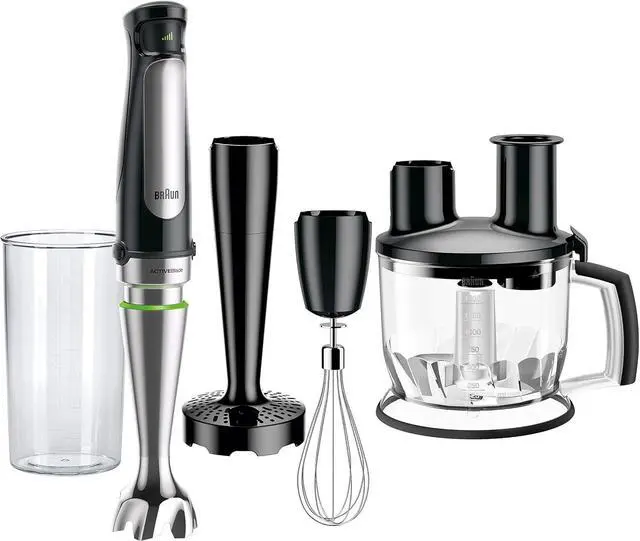 Main image of Braun 4-in-1 Immersion Hand Blender, Powerful 500W Stainless Steel Stick Blender, Variable Speed + 6-Cup Food Processor, Whisk, Beaker, Masher, Finer Blending, MultiQuick MQ7077