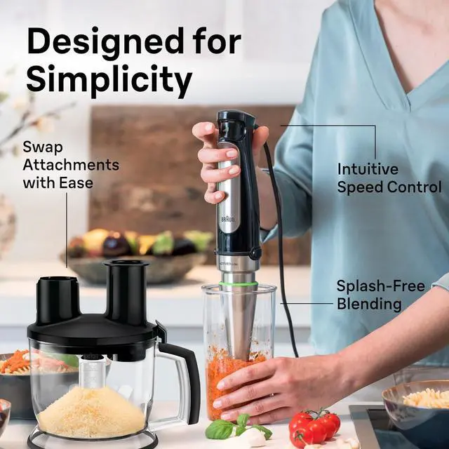 Alt view image 3 of 7 - Braun 4-in-1 Immersion Hand Blender, Powerful 500W Stainless Steel Stick Blender, Variable Speed + 6-Cup Food Processor, Whisk, Beaker, Masher, Finer Blending, MultiQuick MQ7077