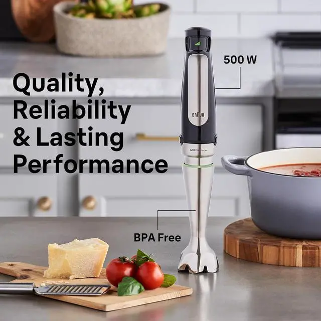 Alt view image 5 of 7 - Braun 4-in-1 Immersion Hand Blender, Powerful 500W Stainless Steel Stick Blender, Variable Speed + 6-Cup Food Processor, Whisk, Beaker, Masher, Finer Blending, MultiQuick MQ7077