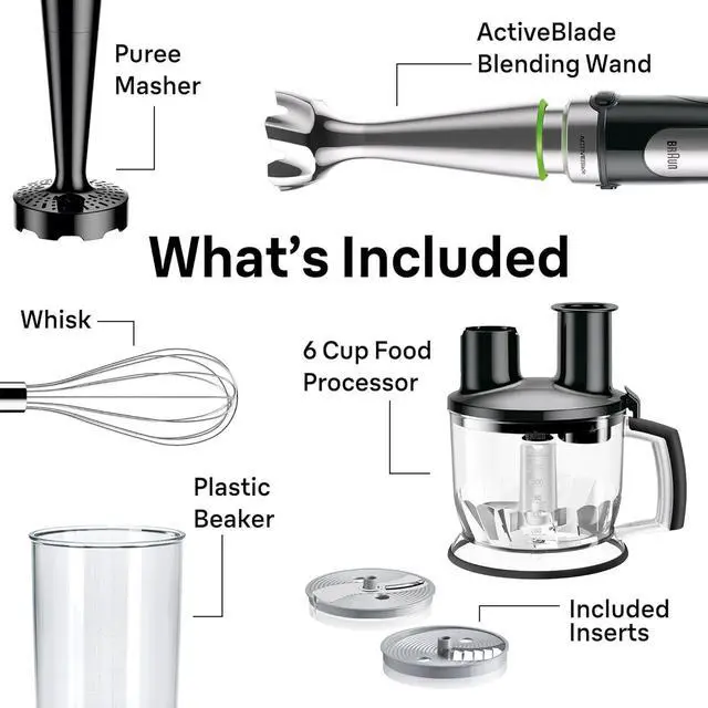 Alt view image 7 of 7 - Braun 4-in-1 Immersion Hand Blender, Powerful 500W Stainless Steel Stick Blender, Variable Speed + 6-Cup Food Processor, Whisk, Beaker, Masher, Finer Blending, MultiQuick MQ7077