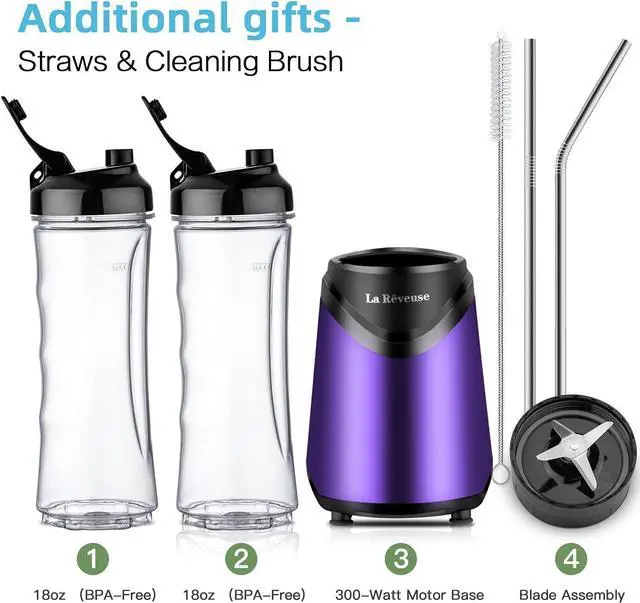 Alt view image 2 of 7 - La Reveuse Smoothie Blender Personal Size 300 Watts with 2 Pieces 18 oz BPA-free Travel Sports Bottles,Purple