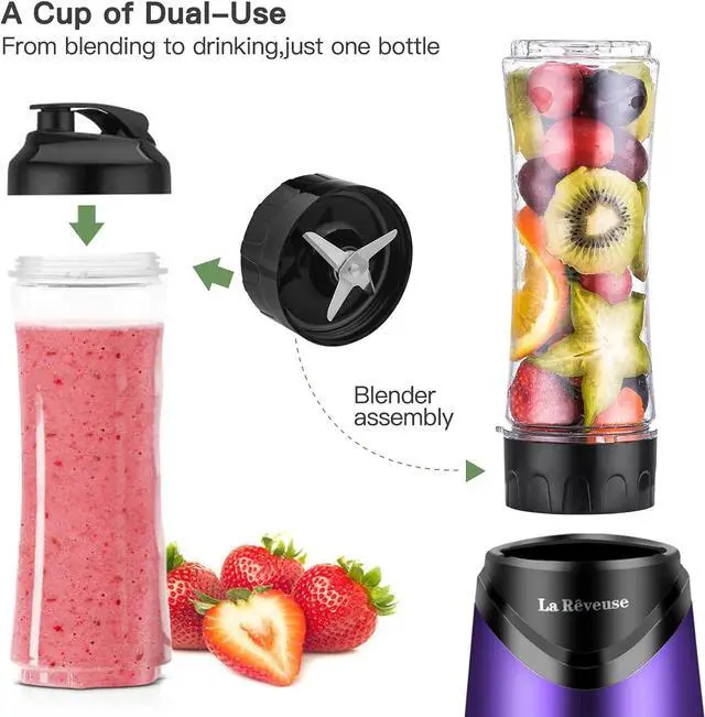 Alt view image 4 of 7 - La Reveuse Smoothie Blender Personal Size 300 Watts with 2 Pieces 18 oz BPA-free Travel Sports Bottles,Purple