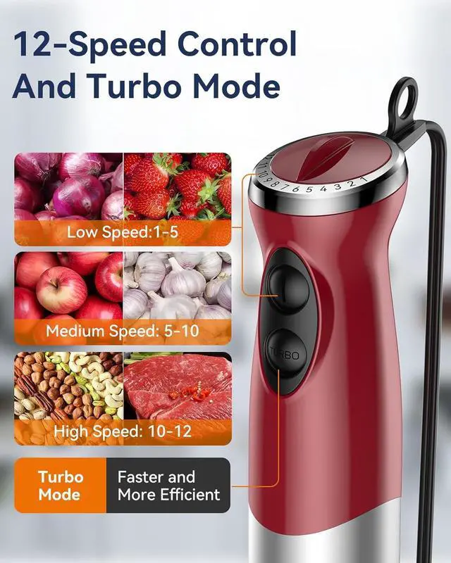 Alt view image 4 of 7 - Immersion Blender Handheld 1000W 5 in 1 Corded Stick Hand Blender Kitchen with 12 Speed, BPA-Free, Mixing Beaker, Chopper, Whisk, Milk Frother, Perfect Emulsifier for Soup, Baby Food, Sauce, Puree