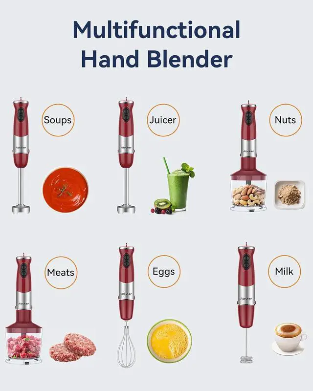 Alt view image 5 of 7 - Immersion Blender Handheld 1000W 5 in 1 Corded Stick Hand Blender Kitchen with 12 Speed, BPA-Free, Mixing Beaker, Chopper, Whisk, Milk Frother, Perfect Emulsifier for Soup, Baby Food, Sauce, Puree