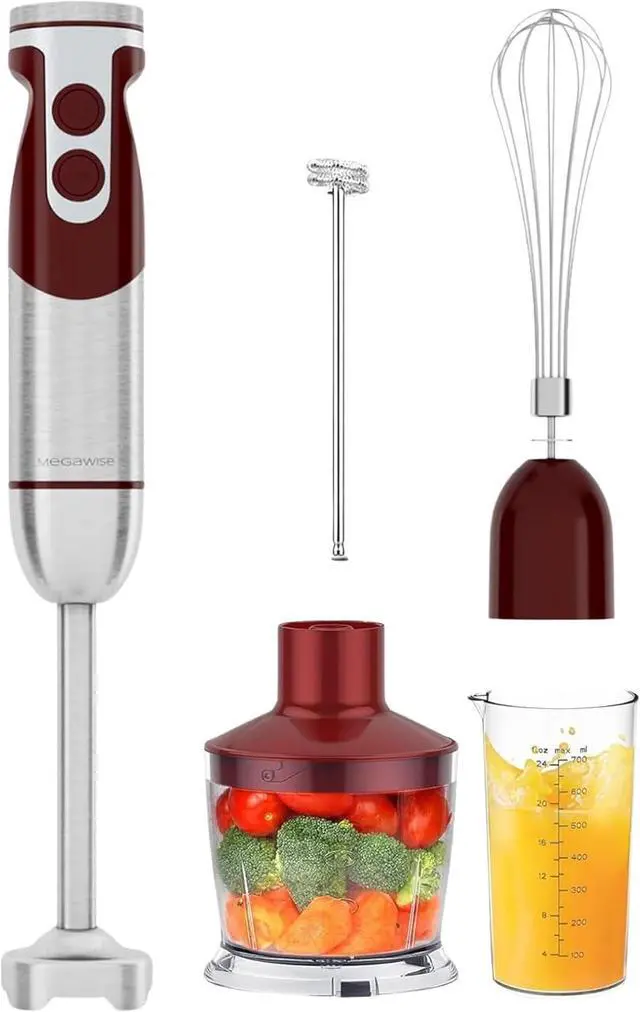Main image of MegaWise 5-in-1 Immersion Hand Blender Set with Variable Speed, 400W, Stainless Steel - Includes Chopper, Whisk, Milk Frother, and Beaker - Ideal for Soups, Smoothies, Baby Food & More (RED)
