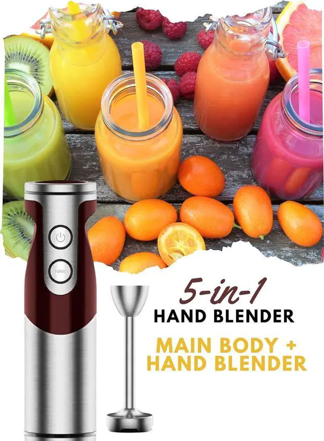 Alt view image 5 of 7 - MegaWise 5-in-1 Immersion Hand Blender Set with Variable Speed, 400W, Stainless Steel - Includes Chopper, Whisk, Milk Frother, and Beaker - Ideal for Soups, Smoothies, Baby Food & More (RED)