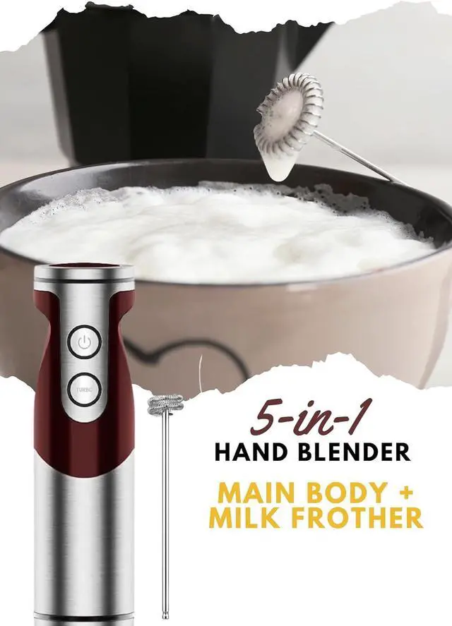 Alt view image 6 of 7 - MegaWise 5-in-1 Immersion Hand Blender Set with Variable Speed, 400W, Stainless Steel - Includes Chopper, Whisk, Milk Frother, and Beaker - Ideal for Soups, Smoothies, Baby Food & More (RED)