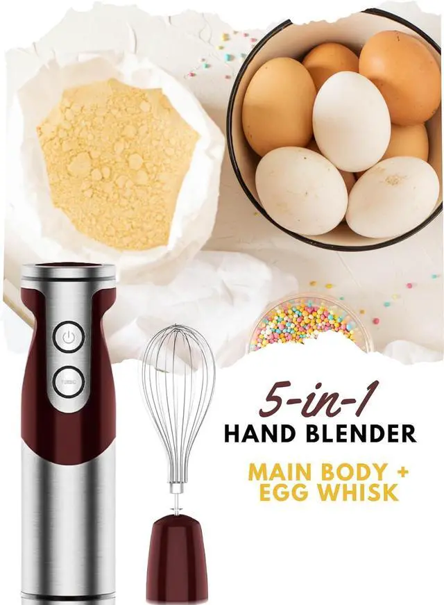 Alt view image 7 of 7 - MegaWise 5-in-1 Immersion Hand Blender Set with Variable Speed, 400W, Stainless Steel - Includes Chopper, Whisk, Milk Frother, and Beaker - Ideal for Soups, Smoothies, Baby Food & More (RED)