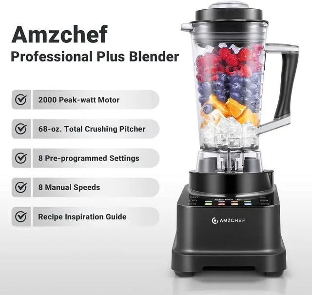 Alt view image 5 of 7 - AMZCHEF 8-IN-1 Professional Blender, 2000 W Commercial Blenders for Kitchen with Timer, Innovative LED Touch Panel with 8 Preset Programs, 10 Speeds Blender for Shakes and Smoothies, 68 oz, Black