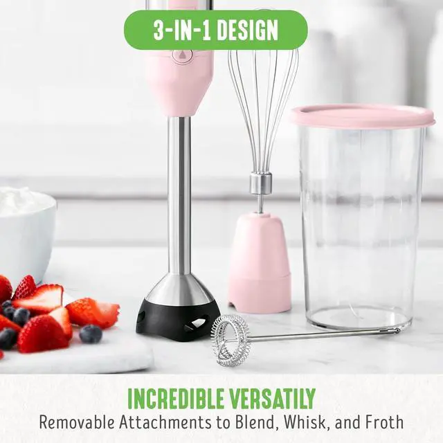 Alt view image 2 of 7 - GreenLife 500-Watt Immersion Electric Handheld Stick Blender with Stainless Steel Blades, Whisk, Frother, Measuring Cup and Lid, Soups, Puree, Cake, Multi-Speed Control, Portable, Pink