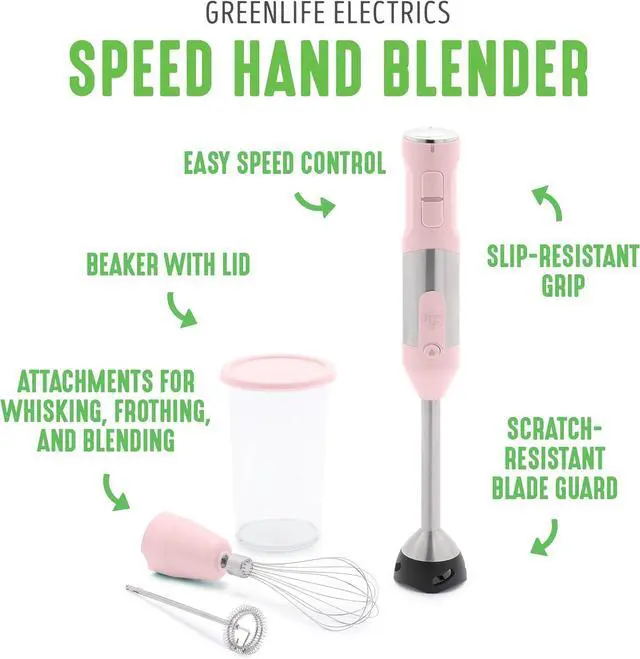 Alt view image 3 of 7 - GreenLife 500-Watt Immersion Electric Handheld Stick Blender with Stainless Steel Blades, Whisk, Frother, Measuring Cup and Lid, Soups, Puree, Cake, Multi-Speed Control, Portable, Pink
