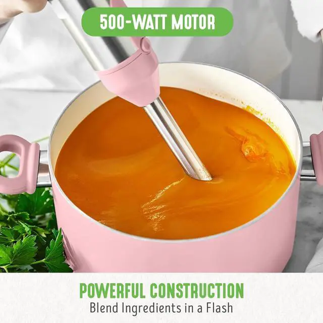 Alt view image 5 of 7 - GreenLife 500-Watt Immersion Electric Handheld Stick Blender with Stainless Steel Blades, Whisk, Frother, Measuring Cup and Lid, Soups, Puree, Cake, Multi-Speed Control, Portable, Pink