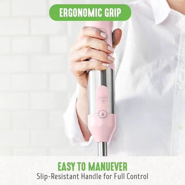 Alt view image 7 of 7 - GreenLife 500-Watt Immersion Electric Handheld Stick Blender with Stainless Steel Blades, Whisk, Frother, Measuring Cup and Lid, Soups, Puree, Cake, Multi-Speed Control, Portable, Pink
