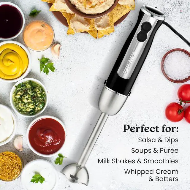 Alt view image 5 of 7 - Zulay Immersion Stick Mixer Hand Blender - 800 Watts, Turbo Mode, 5-ft Power Electric Cord, Handheld Portable, Stainless Steel Blades - For Effortless Blending Smoothie, Soup, Baby Food, Puree - Black