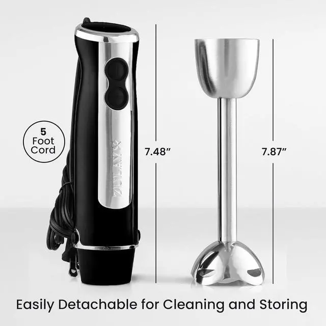 Alt view image 6 of 7 - Zulay Immersion Stick Mixer Hand Blender - 800 Watts, Turbo Mode, 5-ft Power Electric Cord, Handheld Portable, Stainless Steel Blades - For Effortless Blending Smoothie, Soup, Baby Food, Puree - Black