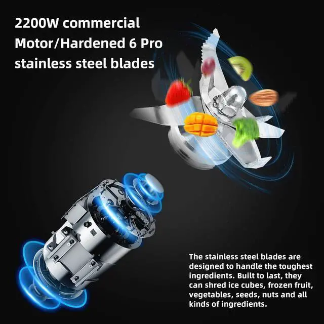 Alt view image 4 of 7 - Professional Smoothie Blender, Countertop Blender, Commercial Blender 2200W High Power with 68oz Pitcher, Smart Timer, blenders for kitchen for smoothies, ice, Soup, fish, Dessert With 1 Juice Glass