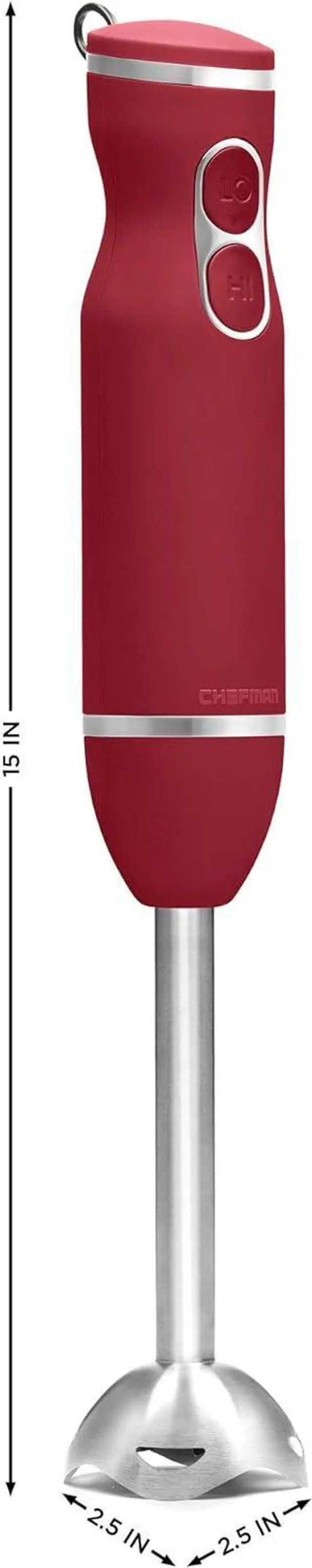 Alt view image 7 of 7 - Chefman Immersion Stick Hand Blender with Stainless Steel Blades, Powerful Electric Ice Crushing 2-Speed Control Handheld Food Mixer, Purees, Smoothies, Shakes, Sauces & Soups, Red