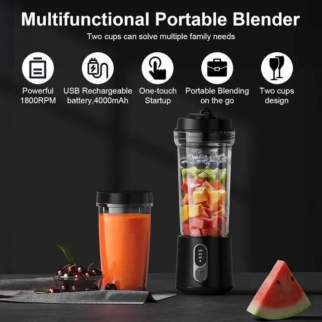 Alt view image 2 of 7 - Portable Blender for Smoothies and Shakes, 2 Portable Blender Cups, 17 &10 oz Cordless Personal Small Blender with Straw Brush&Lid, USB-C Rechargeable, Quiet Mini Travel Blender, Black