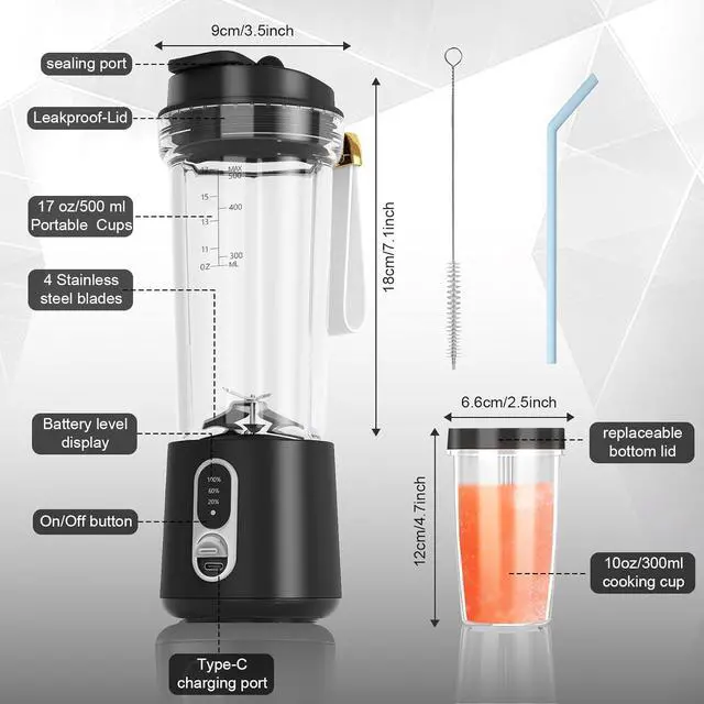 Alt view image 3 of 7 - Portable Blender for Smoothies and Shakes, 2 Portable Blender Cups, 17 &10 oz Cordless Personal Small Blender with Straw Brush&Lid, USB-C Rechargeable, Quiet Mini Travel Blender, Black