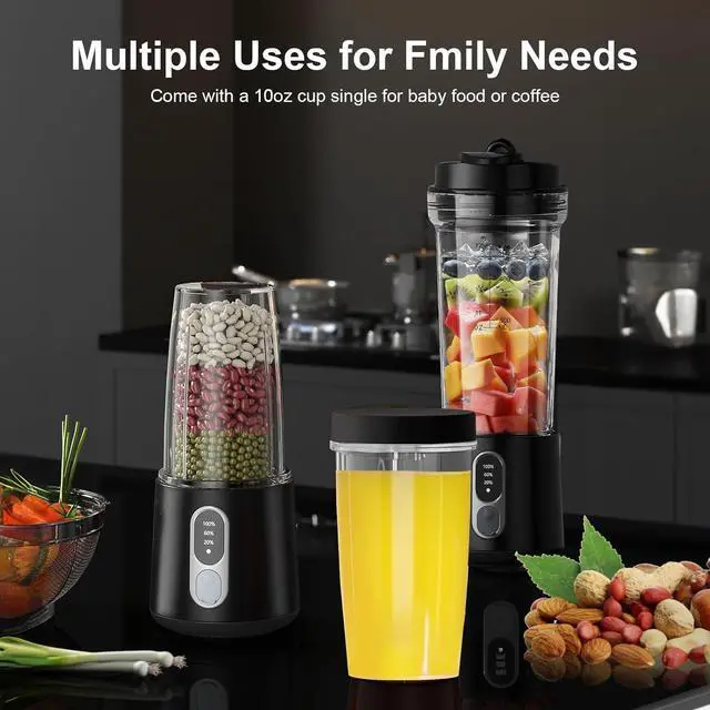 Alt view image 6 of 7 - Portable Blender for Smoothies and Shakes, 2 Portable Blender Cups, 17 &10 oz Cordless Personal Small Blender with Straw Brush&Lid, USB-C Rechargeable, Quiet Mini Travel Blender, Black