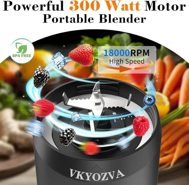 Alt view image 2 of 6 - Portable Blender,Anti-Jamming 300 Watt for Shakes and SmoothiesSporty bottle with a Travel Lid, Large, BLACK