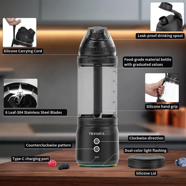 Alt view image 3 of 6 - Portable Blender,Anti-Jamming 300 Watt for Shakes and SmoothiesSporty bottle with a Travel Lid, Large, BLACK