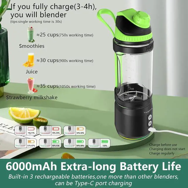 Alt view image 3 of 7 - Portable Blender for Shakes and Smoothies, 24oz Travel Blender 300Watt on the Go Blender USB Rechargeable Personal Blender with a Travel Lid & BPA Free Bottle(Green Cap Black Body)
