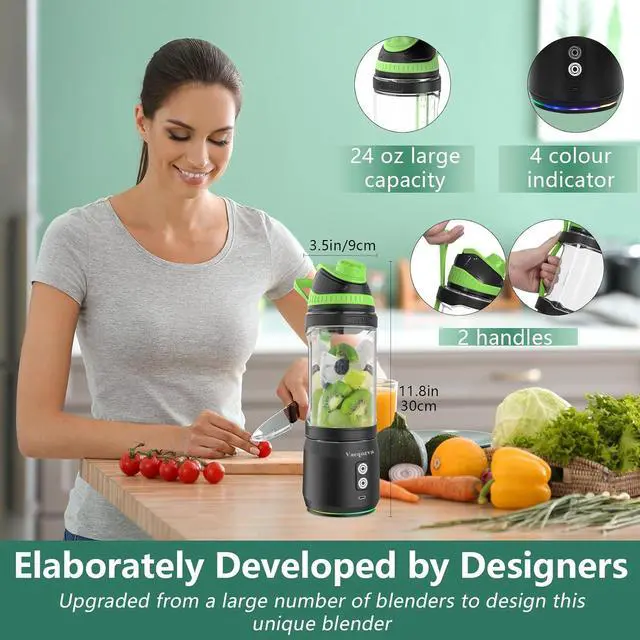Alt view image 6 of 7 - Portable Blender for Shakes and Smoothies, 24oz Travel Blender 300Watt on the Go Blender USB Rechargeable Personal Blender with a Travel Lid & BPA Free Bottle(Green Cap Black Body)