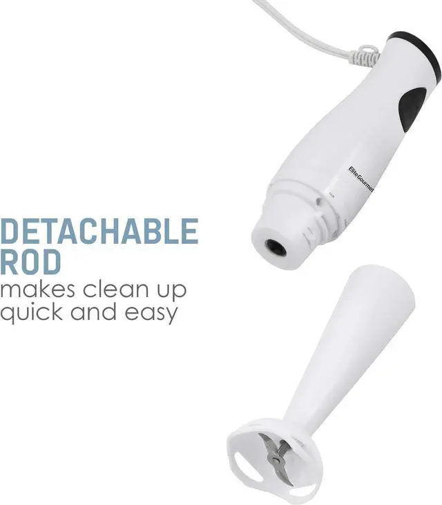 Alt view image 2 of 7 - Elite Gourmet EHB-2425X Electric Immersion Hand Blender, Mixer, Chopper, 1-Touch Control Multi Purpose Electric Immersion Stick, Mixer, Chopper, 150 Watts, For Soups, Sauces, Baby Food, White