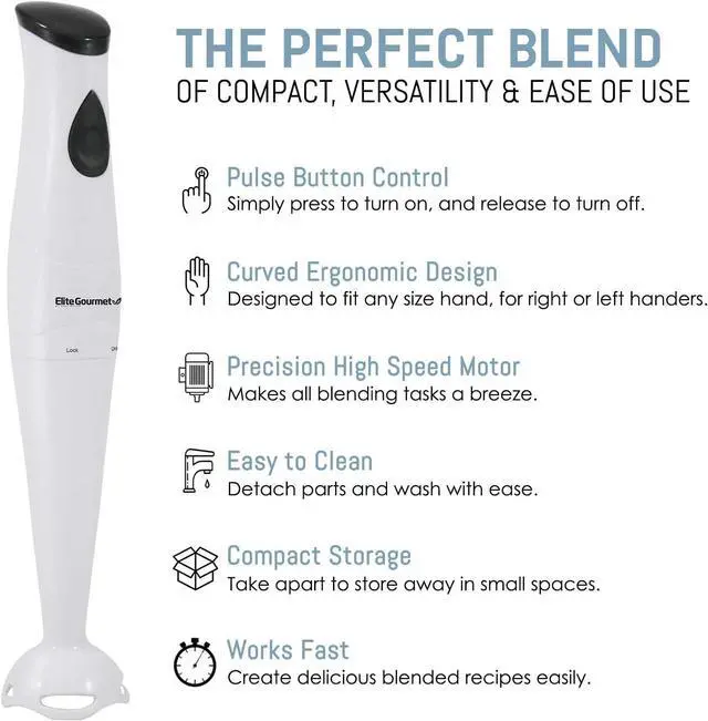 Alt view image 3 of 7 - Elite Gourmet EHB-2425X Electric Immersion Hand Blender, Mixer, Chopper, 1-Touch Control Multi Purpose Electric Immersion Stick, Mixer, Chopper, 150 Watts, For Soups, Sauces, Baby Food, White