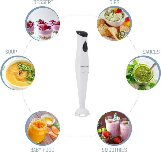 Alt view image 4 of 7 - Elite Gourmet EHB-2425X Electric Immersion Hand Blender, Mixer, Chopper, 1-Touch Control Multi Purpose Electric Immersion Stick, Mixer, Chopper, 150 Watts, For Soups, Sauces, Baby Food, White