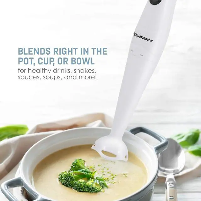 Alt view image 5 of 7 - Elite Gourmet EHB-2425X Electric Immersion Hand Blender, Mixer, Chopper, 1-Touch Control Multi Purpose Electric Immersion Stick, Mixer, Chopper, 150 Watts, For Soups, Sauces, Baby Food, White