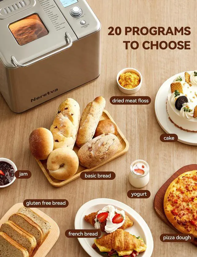 Alt view image 2 of 7 - Neretva 20-IN-1 Bread Maker, Dual Heater 2LB Bread Machine Stainless Steel Bread Maker Machine Nonstick Ceramic Pan Compact for Gluten Free/Sourdough/Whole Wheat Bread/Yogurt, Breadmaker Recipe-Silver