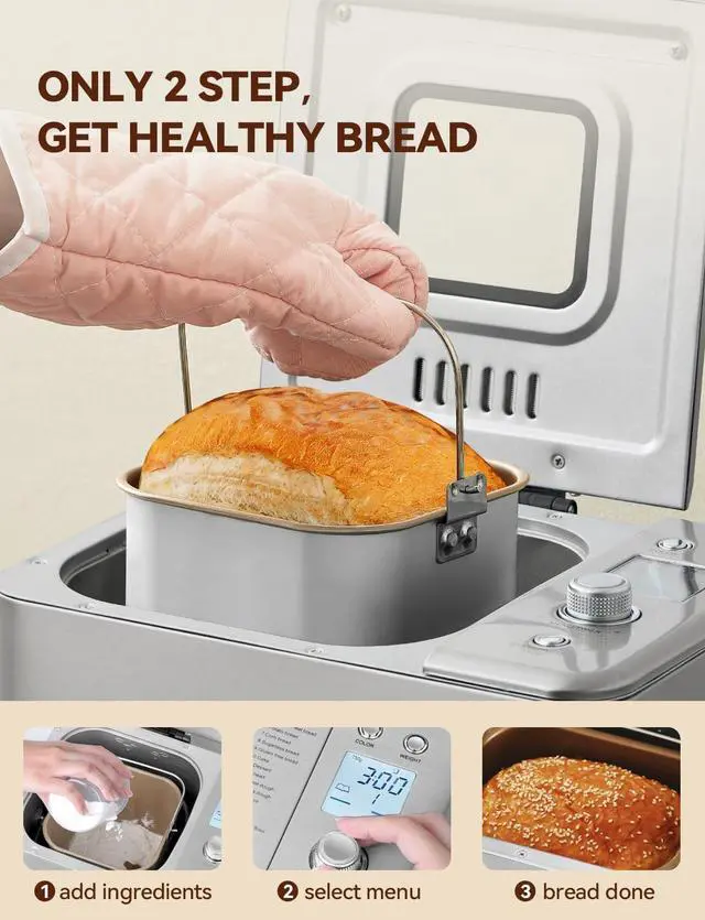 Alt view image 4 of 7 - Neretva 20-IN-1 Bread Maker, Dual Heater 2LB Bread Machine Stainless Steel Bread Maker Machine Nonstick Ceramic Pan Compact for Gluten Free/Sourdough/Whole Wheat Bread/Yogurt, Breadmaker Recipe-Silver