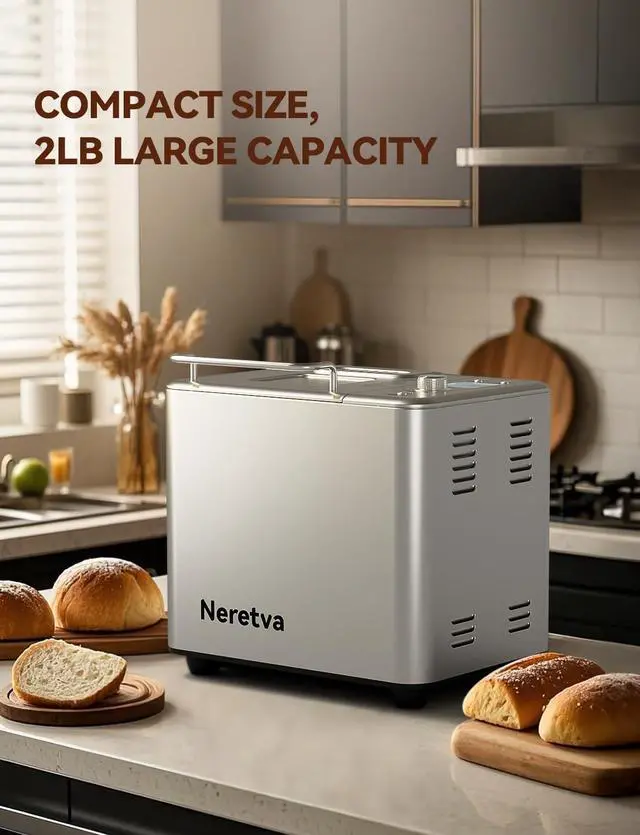 Alt view image 5 of 7 - Neretva 20-IN-1 Bread Maker, Dual Heater 2LB Bread Machine Stainless Steel Bread Maker Machine Nonstick Ceramic Pan Compact for Gluten Free/Sourdough/Whole Wheat Bread/Yogurt, Breadmaker Recipe-Silver
