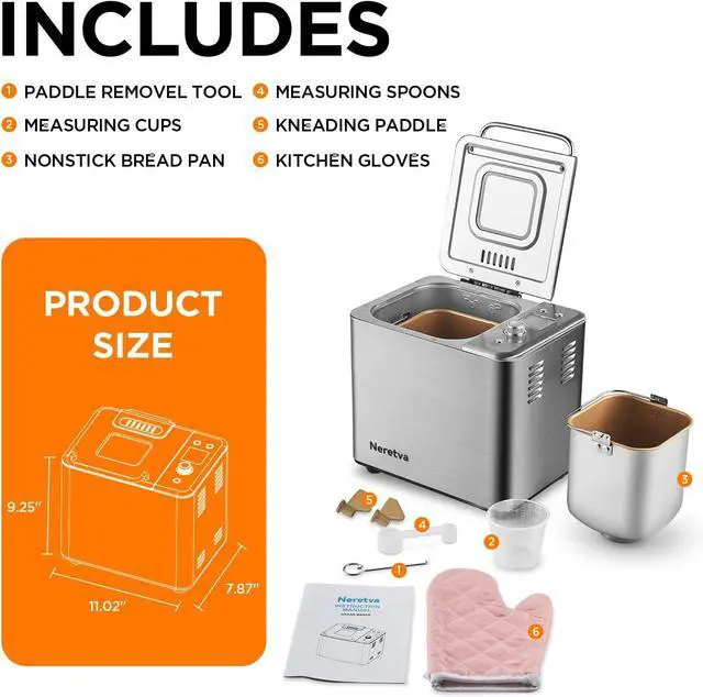 Alt view image 6 of 7 - Neretva 20-IN-1 Bread Maker, Dual Heater 2LB Bread Machine Stainless Steel Bread Maker Machine Nonstick Ceramic Pan Compact for Gluten Free/Sourdough/Whole Wheat Bread/Yogurt, Breadmaker Recipe-Silver