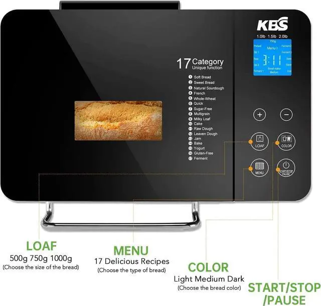 Alt view image 2 of 7 - KBS Pro Stainless Steel Bread Machine, 2LB 17-in-1 Programmable XL Bread Maker with Fruit Nut Dispenser, Nonstick Ceramic Pan& Digital Touch Panel, 3 Loaf Sizes 3 Crust Colors, Reserve& Keep Warm Set