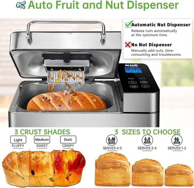 Alt view image 3 of 7 - KBS Pro Stainless Steel Bread Machine, 2LB 17-in-1 Programmable XL Bread Maker with Fruit Nut Dispenser, Nonstick Ceramic Pan& Digital Touch Panel, 3 Loaf Sizes 3 Crust Colors, Reserve& Keep Warm Set