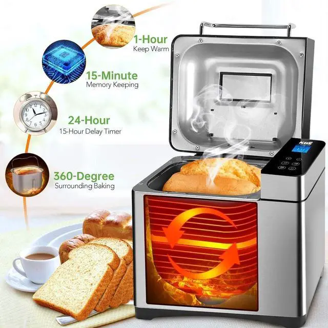 Alt view image 5 of 7 - KBS Pro Stainless Steel Bread Machine, 2LB 17-in-1 Programmable XL Bread Maker with Fruit Nut Dispenser, Nonstick Ceramic Pan& Digital Touch Panel, 3 Loaf Sizes 3 Crust Colors, Reserve& Keep Warm Set