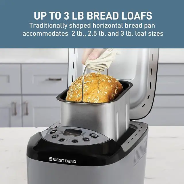 Alt view image 4 of 7 - West Bend Hi-Rise Bread Maker Machine Programmable 12 Programs Including Gluten Free & 3 Loaf Sizes and Crust Colors with Traditionally-Shaped Horizontal Bread Pan with Dual Knead Blades, 3-Lb, Gray