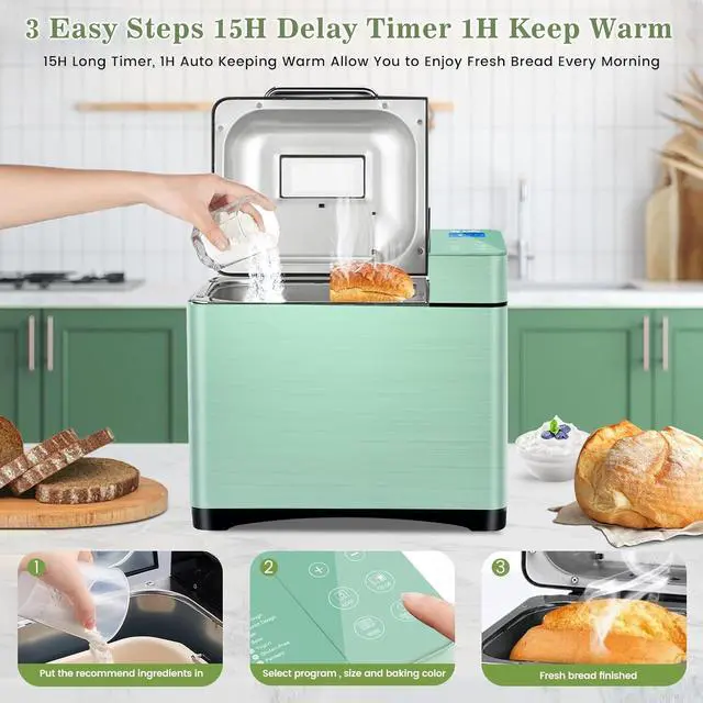 Alt view image 6 of 7 - KBS 710W Convection Bread Maker Dual Heaters,2.2LB Bread Machine with Healthy Ceramic Pan&Auto Fruit Dispenser,17-in-1 Bread Maker Machine Gluten Free,Stainless Steel 15H Timer&Keep Warm, Touch Panel