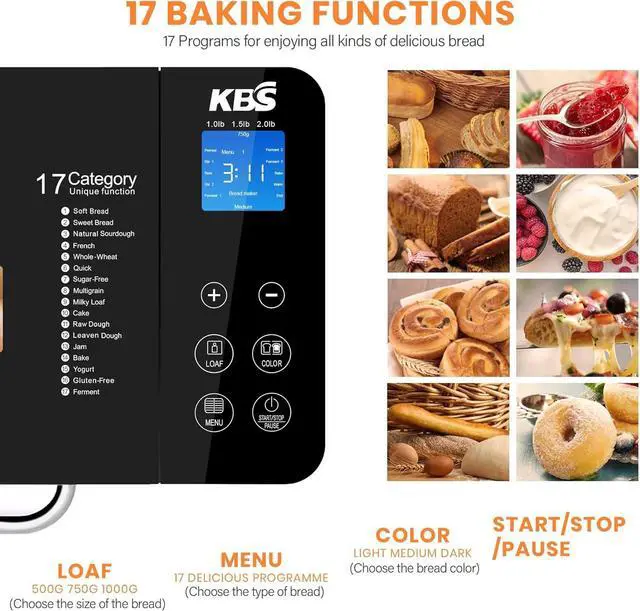Alt view image 2 of 7 - KBS 17-in-1 Bread Maker-Dual Heaters, 710W Machine Stainless Steel with Gluten-Free, Dough Maker,Jam,Yogurt PROG, Auto Nut Dispenser,Ceramic Pan& Touch Panel, 3 Loaf Sizes 3 Crust Colors,Recipes
