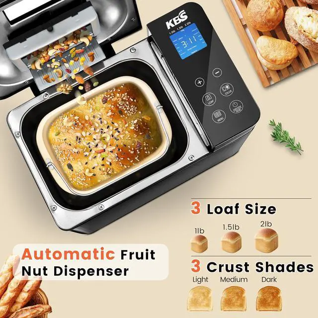 Alt view image 5 of 7 - KBS 17-in-1 Bread Maker-Dual Heaters, 710W Machine Stainless Steel with Gluten-Free, Dough Maker,Jam,Yogurt PROG, Auto Nut Dispenser,Ceramic Pan& Touch Panel, 3 Loaf Sizes 3 Crust Colors,Recipes