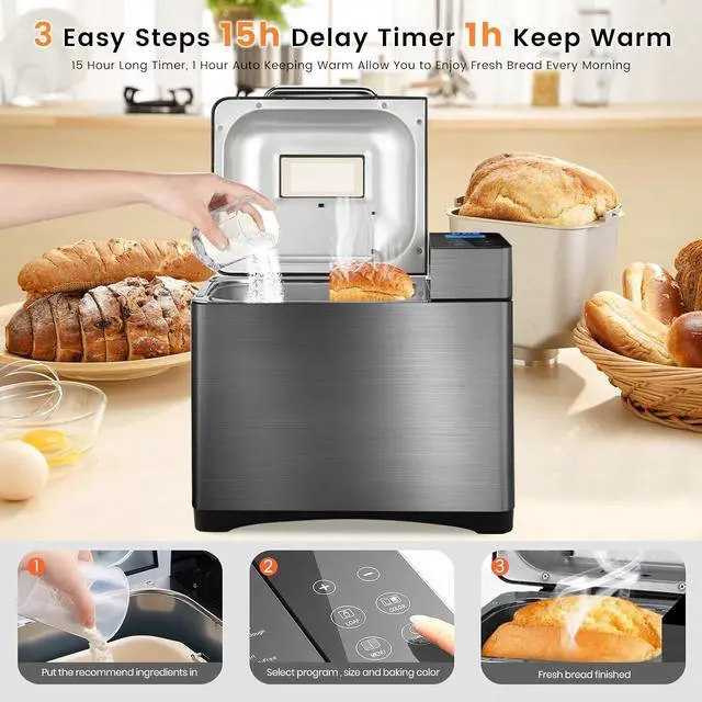 Alt view image 6 of 7 - KBS 17-in-1 Bread Maker-Dual Heaters, 710W Machine Stainless Steel with Gluten-Free, Dough Maker,Jam,Yogurt PROG, Auto Nut Dispenser,Ceramic Pan& Touch Panel, 3 Loaf Sizes 3 Crust Colors,Recipes