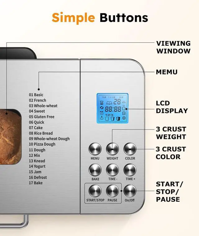 Alt view image 7 of 7 - 2LB Bread Maker Machine, OSIPOTO 17 in 1 Automatic Stainless Steel Bread Machine, Non-stick, Beginner-Friendly Controls, 15 Hour Timer, Easy to Clean Low Noise, High Success Rate for Homemade Bread