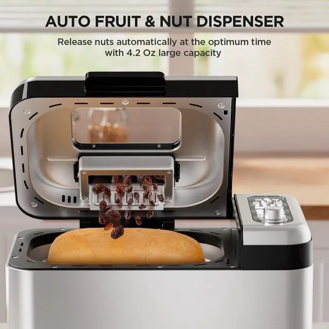 Alt view image 3 of 7 - Neretva Bread Maker, 3.3LB Larger Bread Machine 15-in-1 Stainless Steel & Nonstick Ceramic Pan & Auto Nut Dispenser Breadmaker Machines Full Touch Panel with Gluten Free White Wheat Rye French Pizza