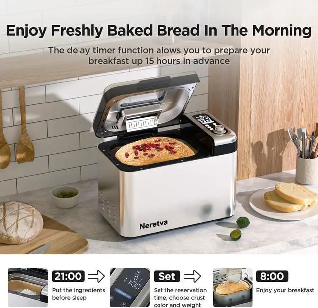 Alt view image 5 of 7 - Neretva Bread Maker, 3.3LB Larger Bread Machine 15-in-1 Stainless Steel & Nonstick Ceramic Pan & Auto Nut Dispenser Breadmaker Machines Full Touch Panel with Gluten Free White Wheat Rye French Pizza