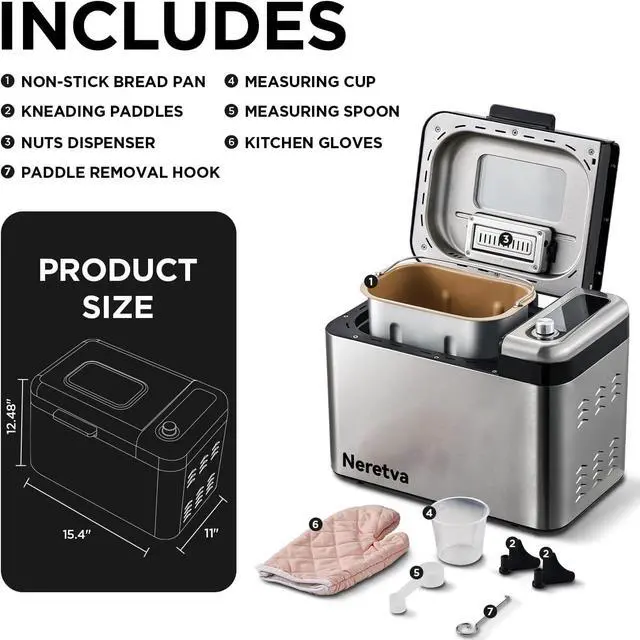 Alt view image 7 of 7 - Neretva Bread Maker, 3.3LB Larger Bread Machine 15-in-1 Stainless Steel & Nonstick Ceramic Pan & Auto Nut Dispenser Breadmaker Machines Full Touch Panel with Gluten Free White Wheat Rye French Pizza